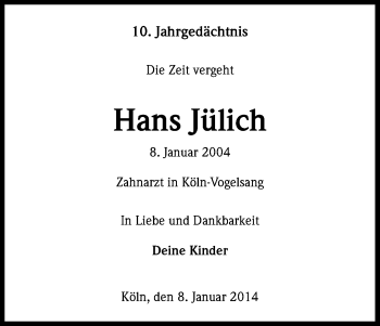 Anzeige von Hans Jülich von Kölner Stadt-Anzeiger / Kölnische Rundschau / Express