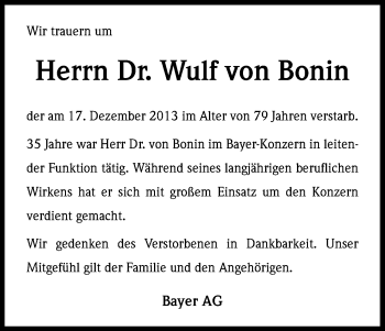 Anzeige von Wulf von Bonin von Kölner Stadt-Anzeiger / Kölnische Rundschau / Express