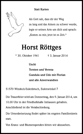 Anzeige von Horst Röttges von Kölner Stadt-Anzeiger / Kölnische Rundschau / Express