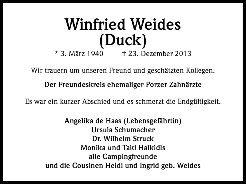 Traueranzeige für Winfried Weides vom 11.01.2014 aus Kölner Stadt-Anzeiger / Kölnische Rundschau / Express