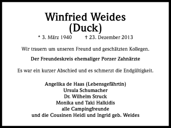 Anzeige von Winfried Weides von Kölner Stadt-Anzeiger / Kölnische Rundschau / Express