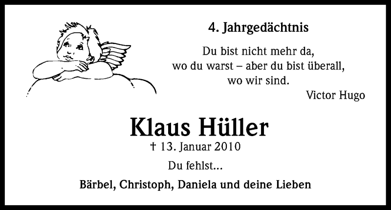  Traueranzeige für Klaus Hüller vom 13.01.2014 aus Kölner Stadt-Anzeiger / Kölnische Rundschau / Express