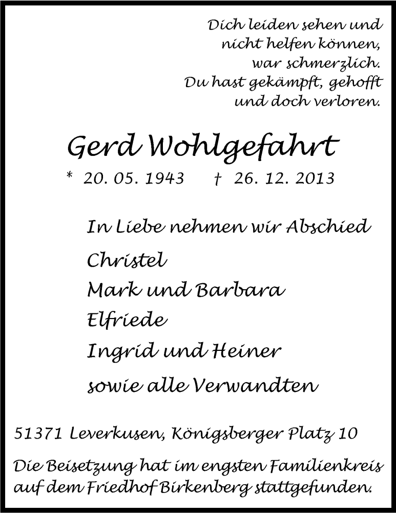  Traueranzeige für Gerd Wohlgefahrt vom 11.01.2014 aus Kölner Stadt-Anzeiger / Kölnische Rundschau / Express