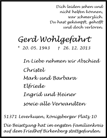 Anzeige von Gerd Wohlgefahrt von Kölner Stadt-Anzeiger / Kölnische Rundschau / Express