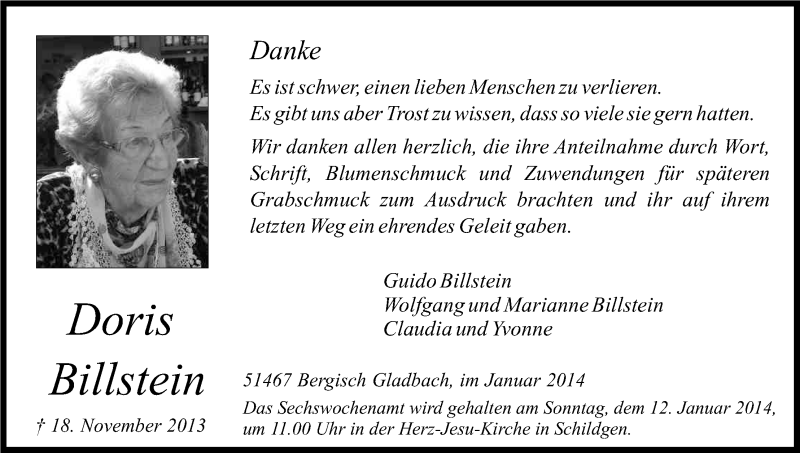  Traueranzeige für Doris Billstein vom 08.01.2014 aus Kölner Stadt-Anzeiger / Kölnische Rundschau / Express