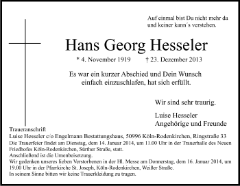 Anzeige von Hans Georg Hesseler von Kölner Stadt-Anzeiger / Kölnische Rundschau / Express