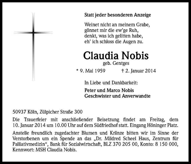  Traueranzeige für Claudia Nobis vom 08.01.2014 aus Kölner Stadt-Anzeiger / Kölnische Rundschau / Express