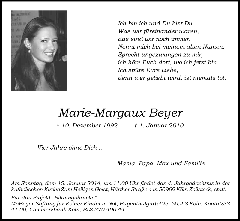  Traueranzeige für Marie-Margaux Beyer vom 08.01.2014 aus Kölner Stadt-Anzeiger / Kölnische Rundschau / Express
