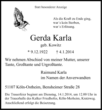 Anzeige von Gerda Karla von Kölner Stadt-Anzeiger / Kölnische Rundschau / Express