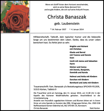 Anzeige von Christa Banaszak von Kölner Stadt-Anzeiger / Kölnische Rundschau / Express