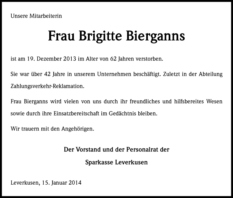  Traueranzeige für Brigitte Bierganns vom 15.01.2014 aus Kölner Stadt-Anzeiger / Kölnische Rundschau / Express