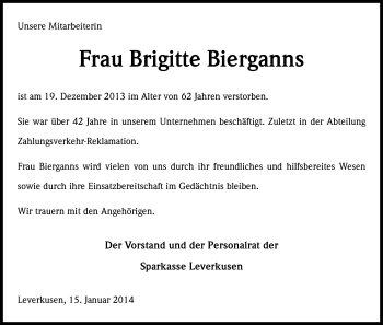 Anzeige von Brigitte Bierganns von Kölner Stadt-Anzeiger / Kölnische Rundschau / Express