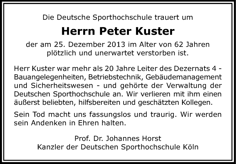  Traueranzeige für Peter Küster vom 08.01.2014 aus Kölner Stadt-Anzeiger / Kölnische Rundschau / Express