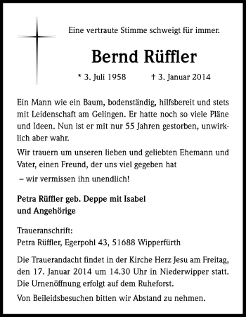 Anzeige von Berd Rüffler von Kölner Stadt-Anzeiger / Kölnische Rundschau / Express
