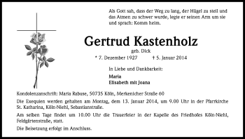 Anzeige von Gertrud Kastenholz von Kölner Stadt-Anzeiger / Kölnische Rundschau / Express