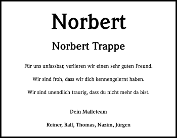 Anzeige von Norbert Trappe von Kölner Stadt-Anzeiger / Kölnische Rundschau / Express