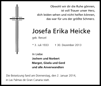 Anzeige von Erika Heicke von Kölner Stadt-Anzeiger / Kölnische Rundschau / Express