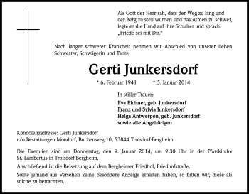 Anzeige von Gerti Junkersdorf von Kölner Stadt-Anzeiger / Kölnische Rundschau / Express