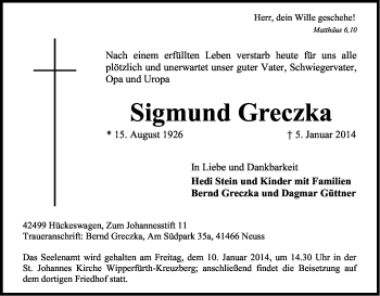 Anzeige von Sigmund Greczka von Kölner Stadt-Anzeiger / Kölnische Rundschau / Express