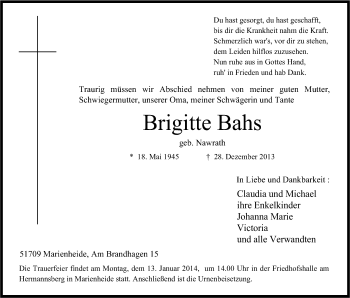 Anzeige von Brigitte Bahs von Kölner Stadt-Anzeiger / Kölnische Rundschau / Express