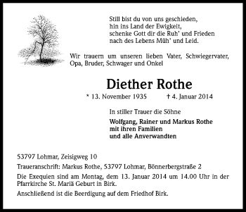 Anzeige von Diether Rothe von Kölner Stadt-Anzeiger / Kölnische Rundschau / Express