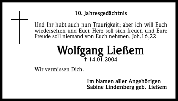 Anzeige von Wolfgang Ließem von Kölner Stadt-Anzeiger / Kölnische Rundschau / Express