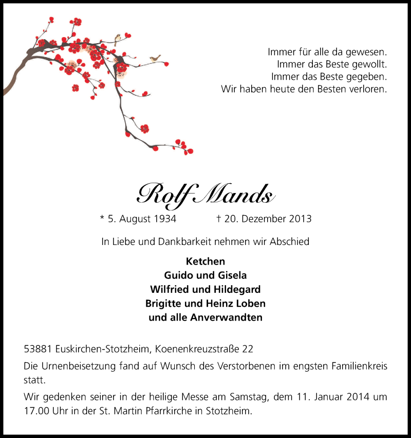  Traueranzeige für Rolf Mands vom 08.01.2014 aus Kölner Stadt-Anzeiger / Kölnische Rundschau / Express