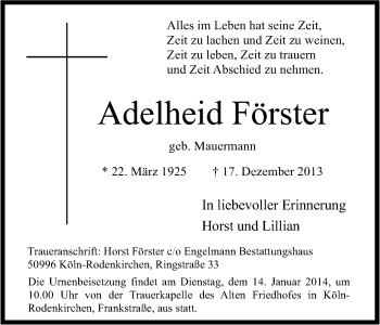 Anzeige von Adelheid Förster von Kölner Stadt-Anzeiger / Kölnische Rundschau / Express
