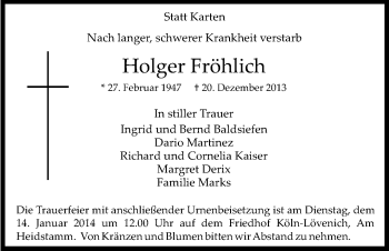 Anzeige von Holger Fröhlich von Kölner Stadt-Anzeiger / Kölnische Rundschau / Express