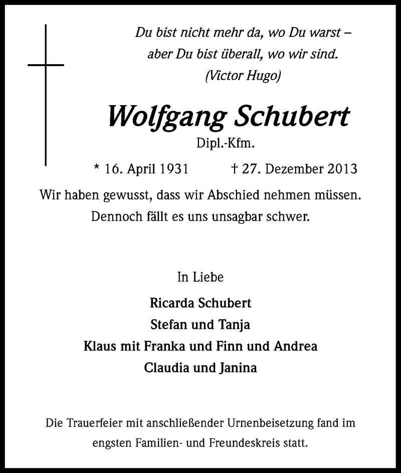  Traueranzeige für Wolfgang Schubert vom 11.01.2014 aus Kölner Stadt-Anzeiger / Kölnische Rundschau / Express