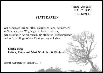 Anzeige von Hanna Winkels von Kölner Stadt-Anzeiger / Kölnische Rundschau / Express