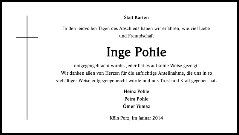 Traueranzeige für Inge Pohle vom 11.01.2014 aus Kölner Stadt-Anzeiger / Kölnische Rundschau / Express