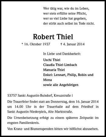 Anzeige von Robert Thiel von Kölner Stadt-Anzeiger / Kölnische Rundschau / Express