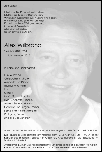 Anzeige von Alex Wilbrand von Kölner Stadt-Anzeiger / Kölnische Rundschau / Express