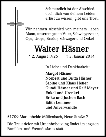 Anzeige von Walter Häsner von Kölner Stadt-Anzeiger / Kölnische Rundschau / Express