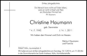 Anzeige von Haumann Christine von Kölner Stadt-Anzeiger / Kölnische Rundschau / Express