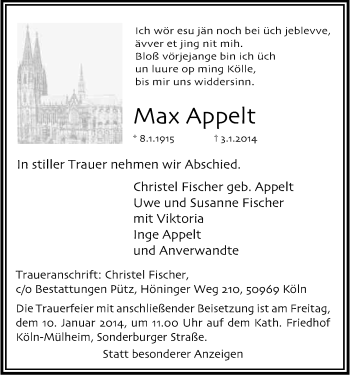 Anzeige von Max Appelt von Kölner Stadt-Anzeiger / Kölnische Rundschau / Express