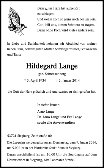 Anzeige von Hildegard Lange von Kölner Stadt-Anzeiger / Kölnische Rundschau / Express