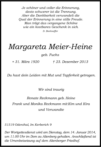 Anzeige von Margareta Meier-Heine von Kölner Stadt-Anzeiger / Kölnische Rundschau / Express
