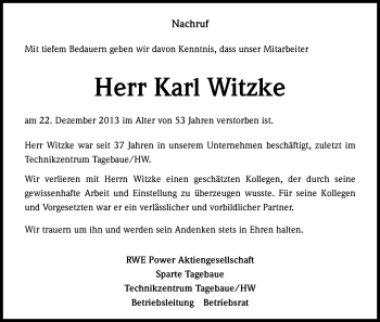 Anzeige von Karl Witzke von Kölner Stadt-Anzeiger / Kölnische Rundschau / Express