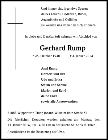 Anzeige von Gerhard Rump von Kölner Stadt-Anzeiger / Kölnische Rundschau / Express