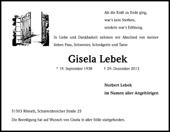 Anzeige von Gisela Lebek von Kölner Stadt-Anzeiger / Kölnische Rundschau / Express