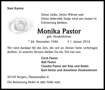 Anzeige von Monika Pastor von Kölner Stadt-Anzeiger / Kölnische Rundschau / Express