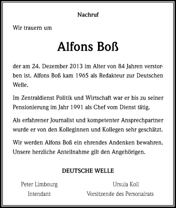 Anzeige von Alfons Boß von Kölner Stadt-Anzeiger / Kölnische Rundschau / Express