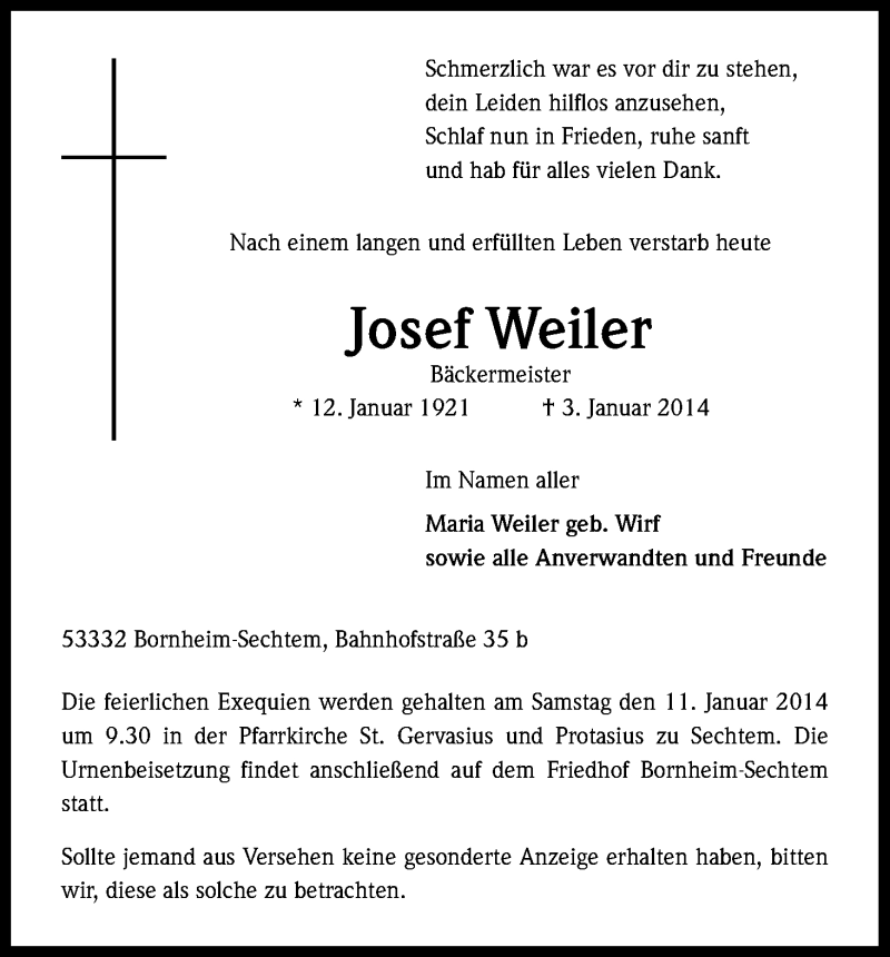  Traueranzeige für Josef Weiler vom 09.01.2014 aus Kölner Stadt-Anzeiger / Kölnische Rundschau / Express