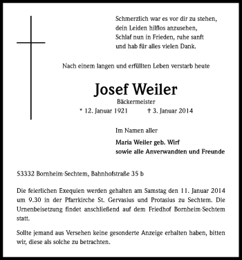 Anzeige von Josef Weiler von Kölner Stadt-Anzeiger / Kölnische Rundschau / Express