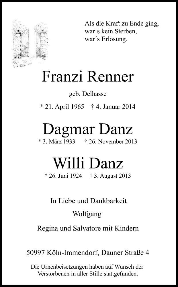  Traueranzeige für Franziska Renner vom 11.01.2014 aus Kölner Stadt-Anzeiger / Kölnische Rundschau / Express