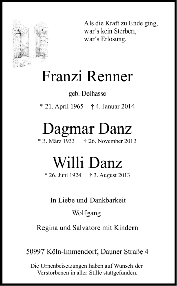 Anzeige von Franziska Renner von Kölner Stadt-Anzeiger / Kölnische Rundschau / Express
