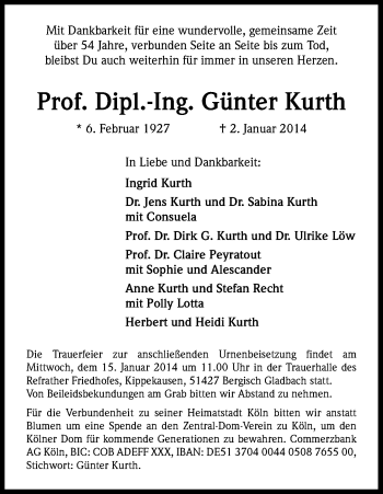 Anzeige von Günter Kurth von Kölner Stadt-Anzeiger / Kölnische Rundschau / Express