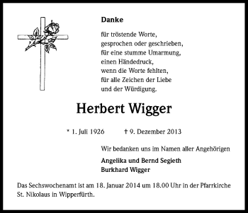 Anzeige von Herbert Wigger von Kölner Stadt-Anzeiger / Kölnische Rundschau / Express